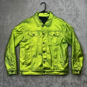 Valabasas Da Vinci Mens Metallic Denim Jacket Lime Green Neon Streetwear Size M